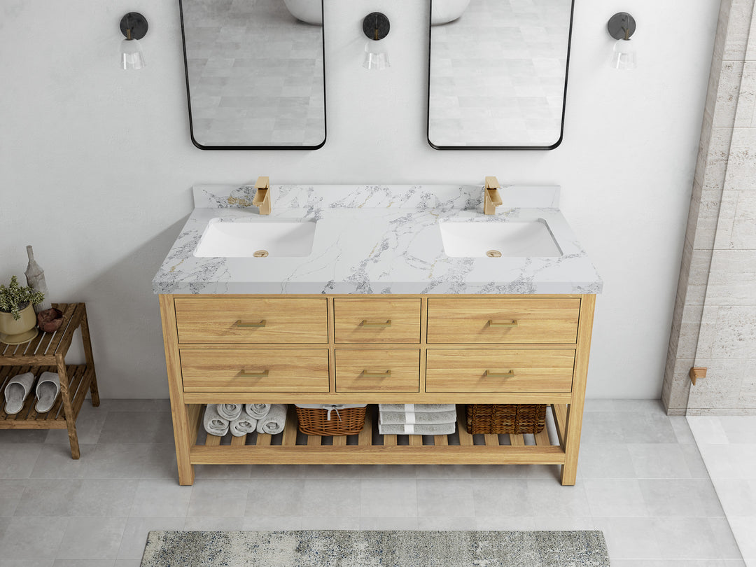 Parker Teak 60 in. W x 22 in. D double Sink Bathroom Vanity in Light Natural with 2 in Poanazzo Quartz Countertop