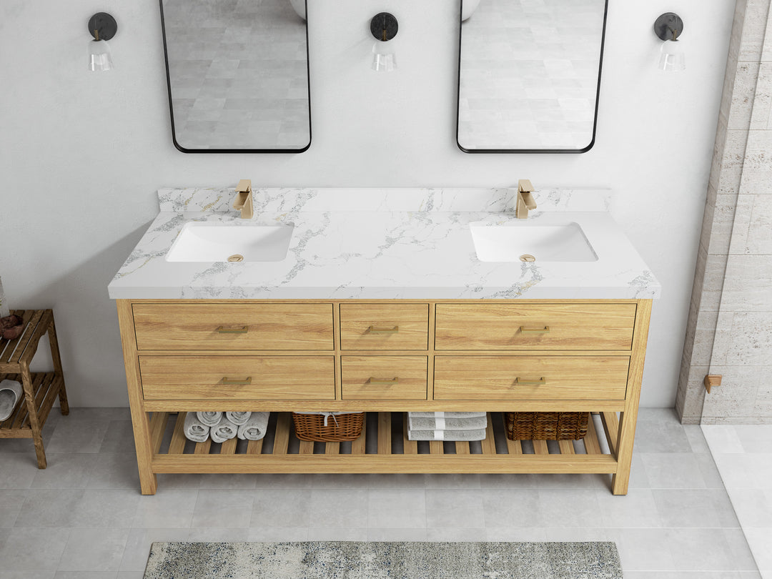 Parker Teak 72 in. W x 22 in. D double Sink Bathroom Vanity in Light Natural with 2 in Poanazzo Quartz Countertop – Top View
