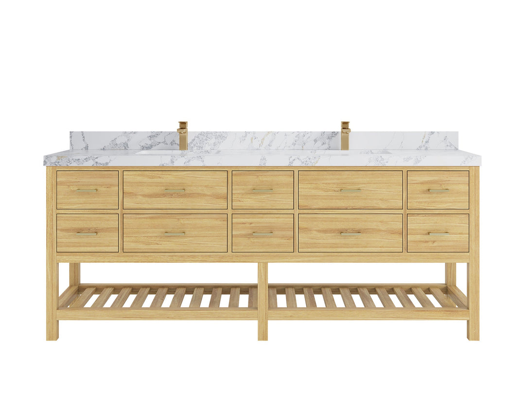 Parker Teak 84 in. W x 22 in. D double Sink Bathroom Vanity in Light Natural with 2 in Poanazzo Quartz Countertop