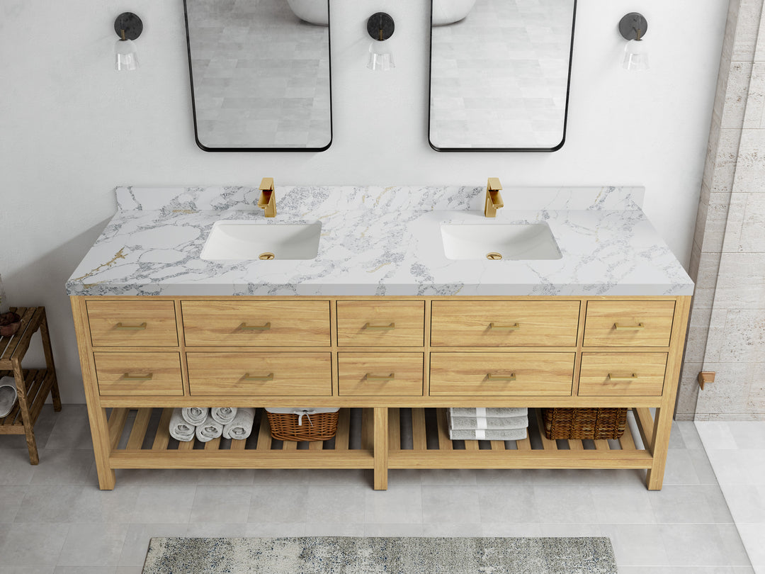 Parker Teak 84 in. W x 22 in. D double Sink Bathroom Vanity in Light Natural with 2 in Poanazzo Quartz Countertop – Top View