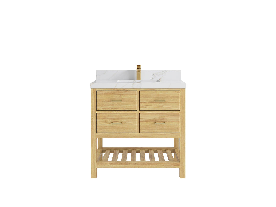 Parker Teak  36 in. W x 22 in. D  Center  Sink Bathroom Vanity in Light Natural  with 2 in Calacatta Sienna Quartz Countertop