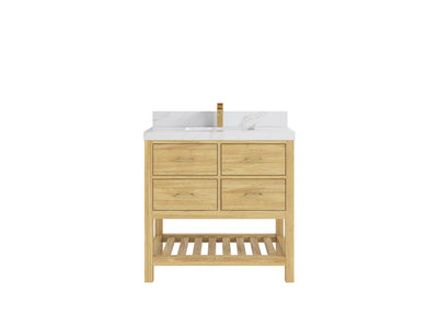Parker Teak  36 in. W x 22 in. D  Center  Sink Bathroom Vanity in Light Natural  with 2 in Calacatta Sienna Quartz Countertop