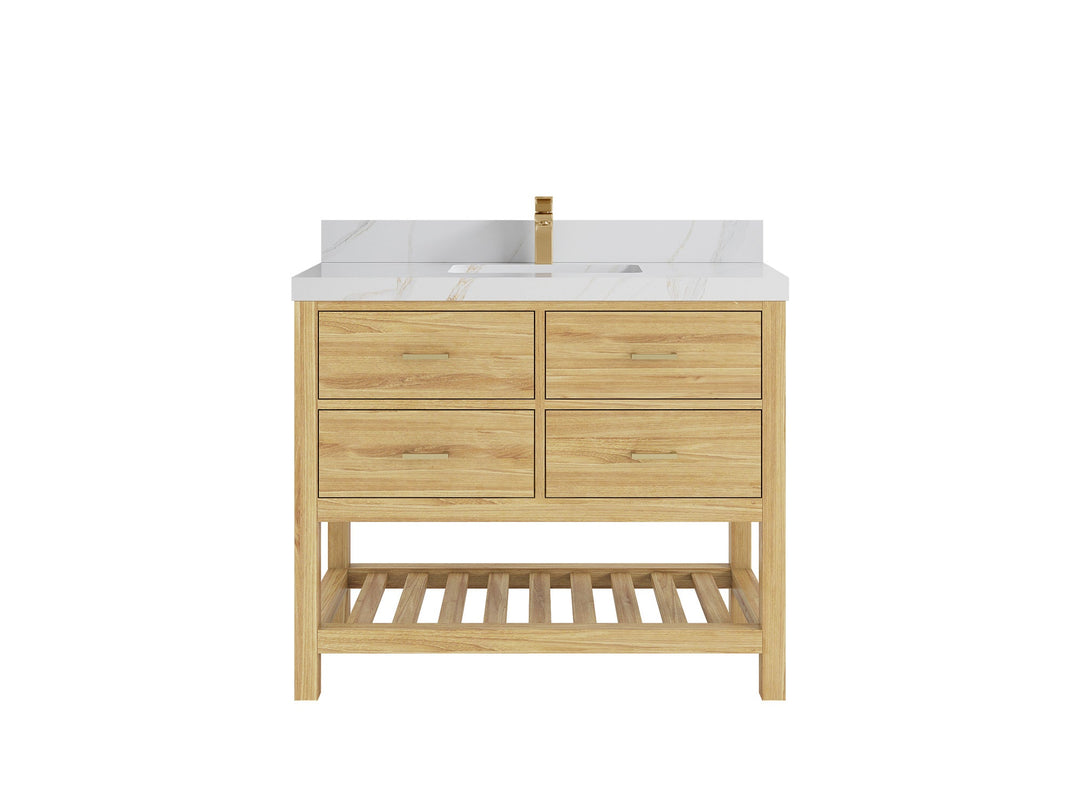 Parker Teak  42 in. W x 22 in. D  Single  Sink Bathroom Vanity in Light Natural with 2 in Calacatta Sienna Quartz Countertop