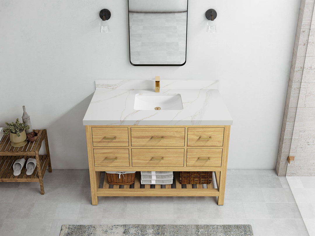 Parker Teak  48 in. W x 22 in. D  Single  Sink Bathroom Vanity in Light Natural with 2 in Calacatta Sienna Quartz Countertop – Top View
