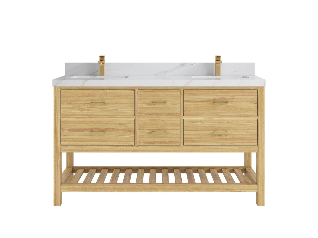 Parker Teak 60 in. W x 22 in. D double Sink Bathroom Vanity in Light Natural with 2 in Calacatta Sienna Quartz 