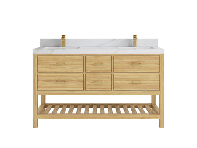 Parker Teak 60 in. W x 22 in. D double Sink Bathroom Vanity in Light Natural with 2 in Calacatta Sienna Quartz