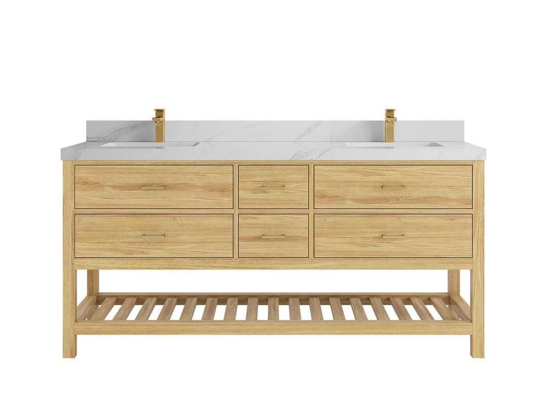 Parker Teak 72 in. W x 22 in. D double Sink Bathroom Vanity in Light Natural with 2 in Calacatta Sienna Quartz Countertop