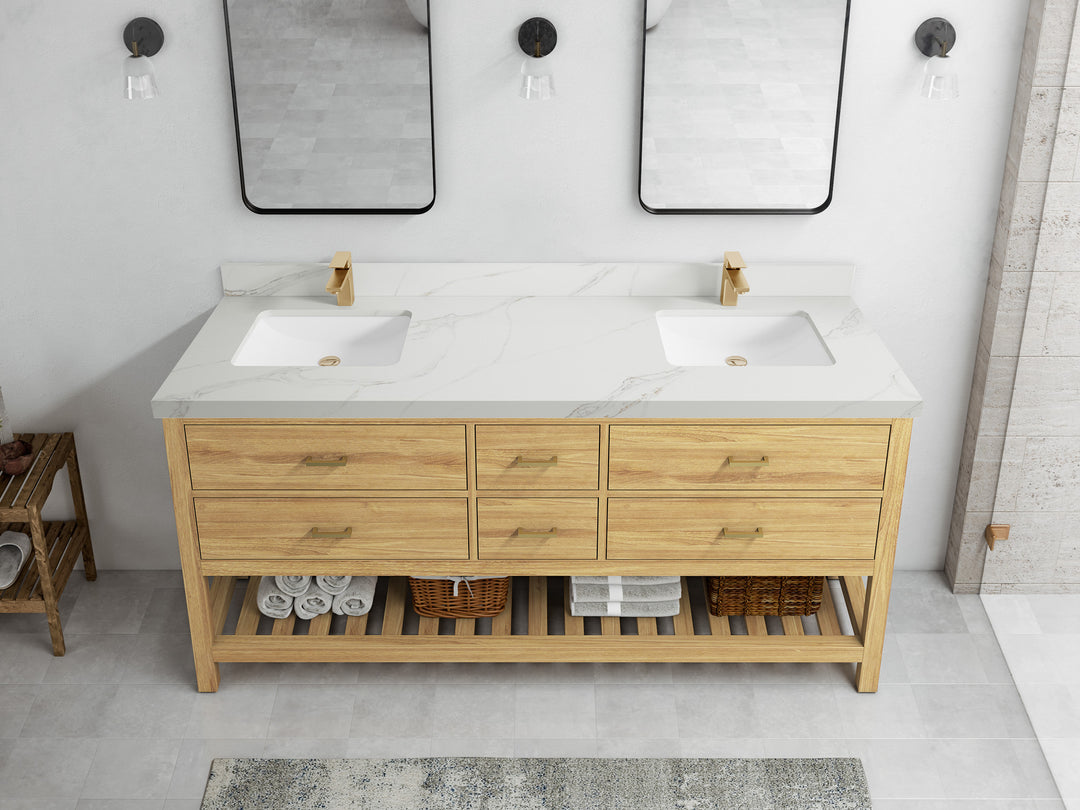 Parker Teak 72 in. W x 22 in. D double Sink Bathroom Vanity in Light Natural with 2 in Calacatta Sienna Quartz Countertop – Top View