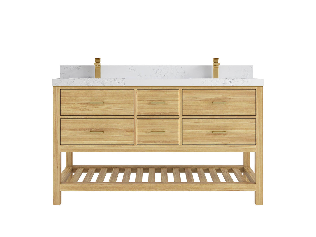 Parker Teak 60 in. W x 22 in. D double Sink Bathroom Vanity in Light Natural with 2 in Empira White Quartz Counterto