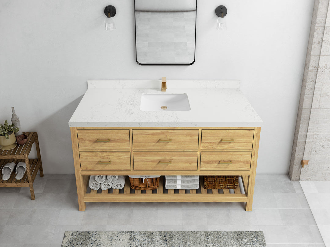 Parker Teak  60 in. W x 22 in. D Single Sink Bathroom Vanity in Light Natural with 2 in Empira White Quartz Countertop – Top View