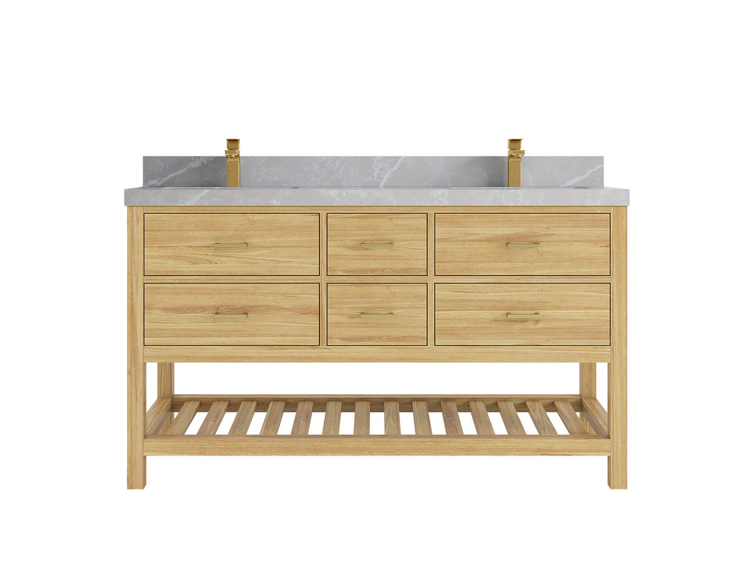 Parker Teak 60 in. W x 22 in. D double Sink Bathroom Vanity in Light Natural with 2 in Pearl Light Gray Quartz 