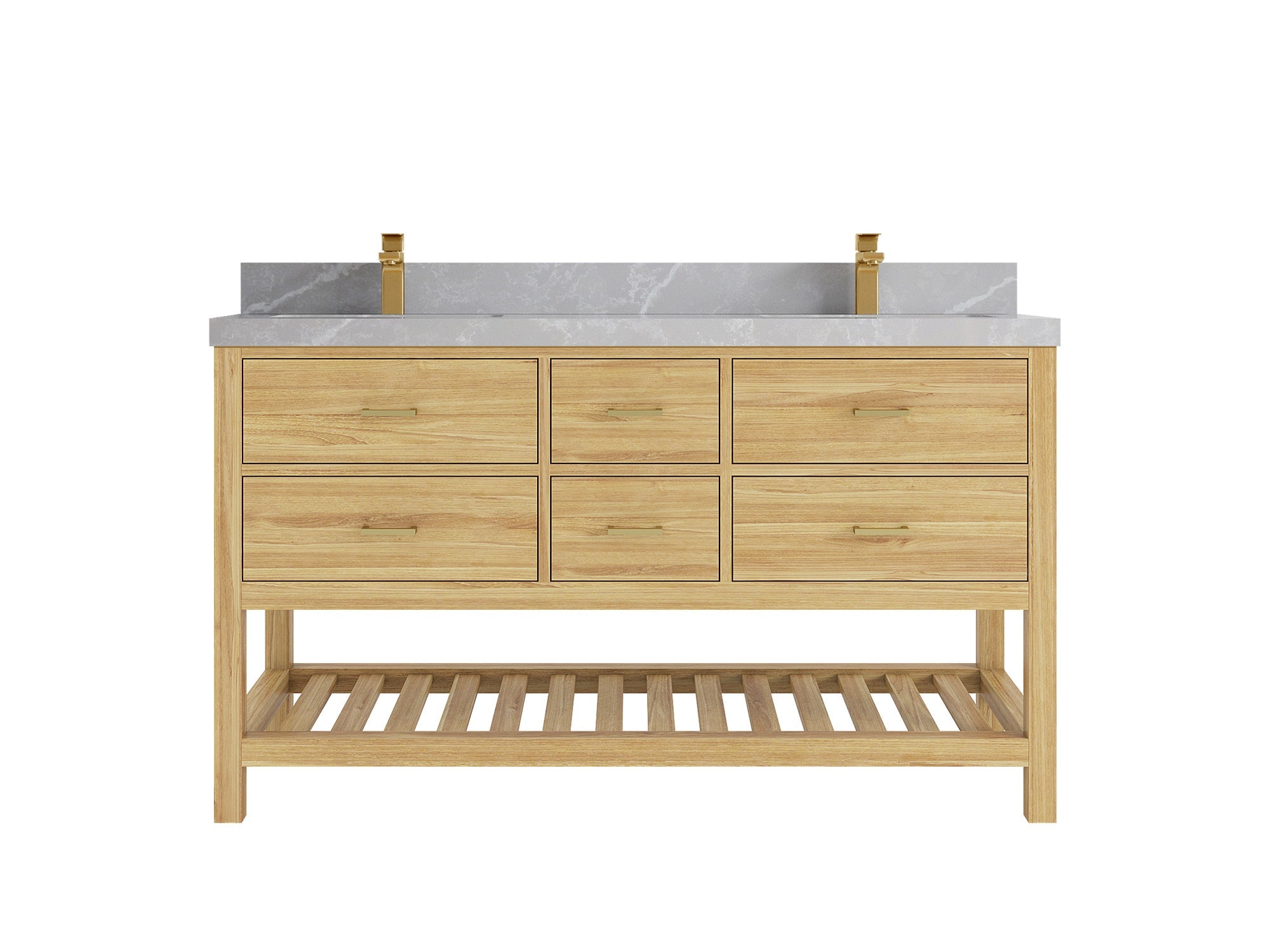 Parker Teak 60 in. W x 22 in. D double Sink Bathroom Vanity in Light Natural with 2 in Pearl Light Gray Quartz