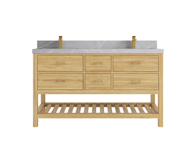 Parker Teak 60 in. W x 22 in. D double Sink Bathroom Vanity in Light Natural with 2 in Pearl Light Gray Quartz