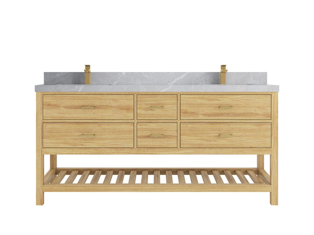 Parker Teak 72 in. W x 22 in. D double Sink Bathroom Vanity in Light Natural with 2 in Pearl Light Gray Quartz Countertop