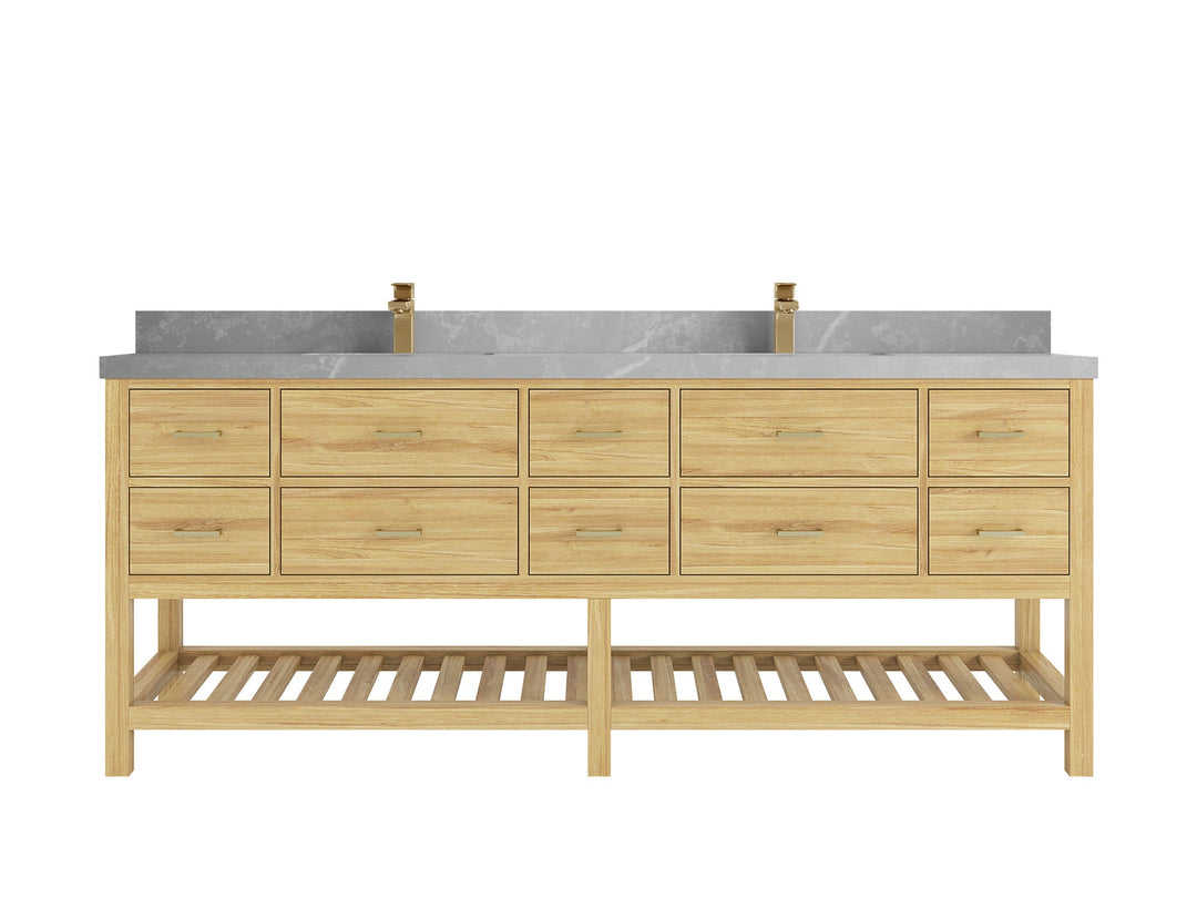 Parker Teak 84 in. W x 22 in. D double Sink Bathroom Vanity in Light Natural with 2 in Pearl Light Gray Quartz Countertop