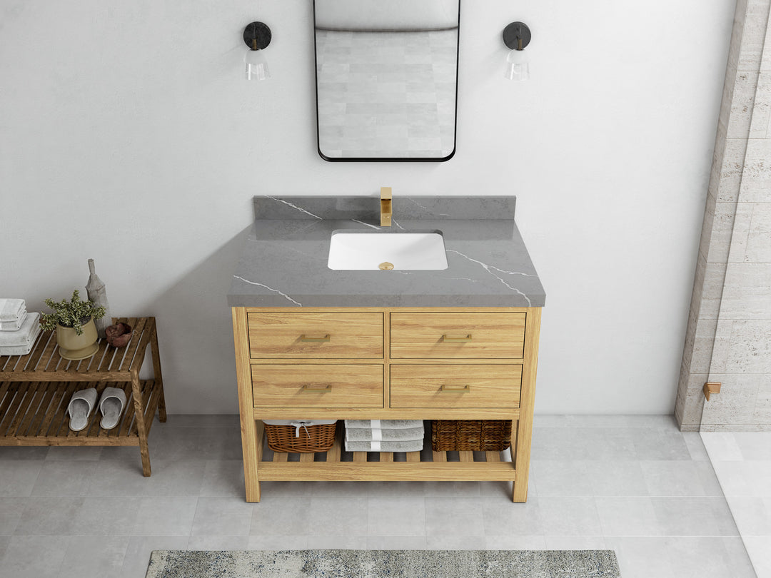 Parker Teak  42 in. W x 22 in. D Single Sink Bathroom Vanity in Light Natural with 2 in Piatra Gray Quartz Countertop – Top View