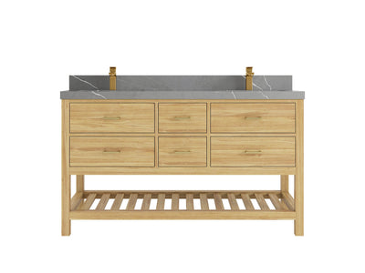 Parker Teak 60 in. W x 22 in. D double Sink Bathroom Vanity in Light Natural with 2 in Piatra Gray Quartz