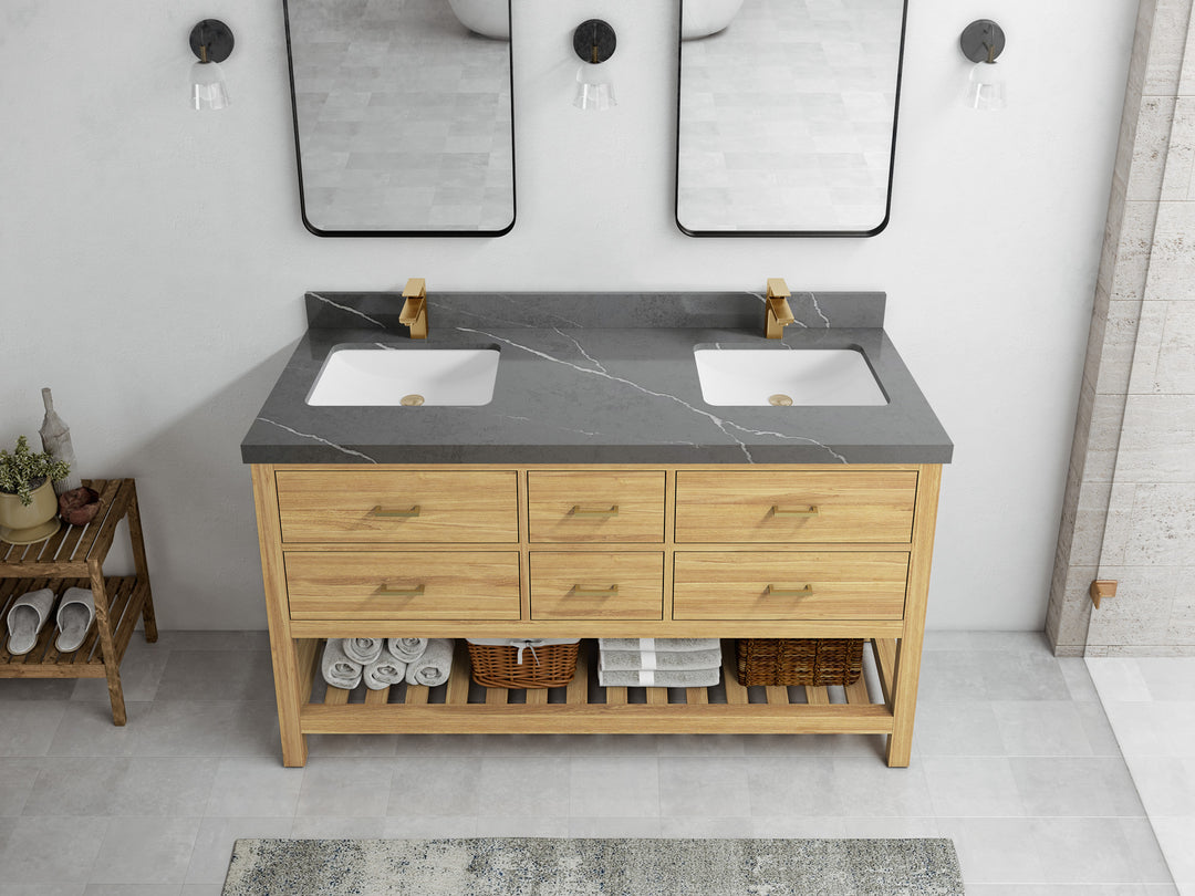 Parker Teak 60 in. W x 22 in. D double Sink Bathroom Vanity in Light Natural with 2 in Piatra Gray Quartz Countertop