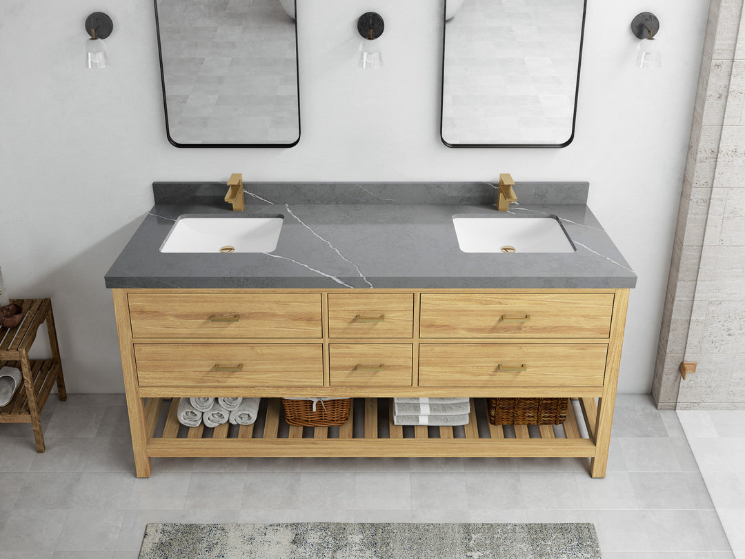 Parker Teak 72 in. W x 22 in. D double Sink Bathroom Vanity in Light Natural with 2 in White Quartz Countertop – Top View