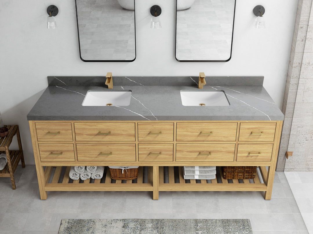 Parker Teak 84 in. W x 22 in. D double Sink Bathroom Vanity in Light Natural with 2 in Piatra Gray Quartz Countertop – Top View