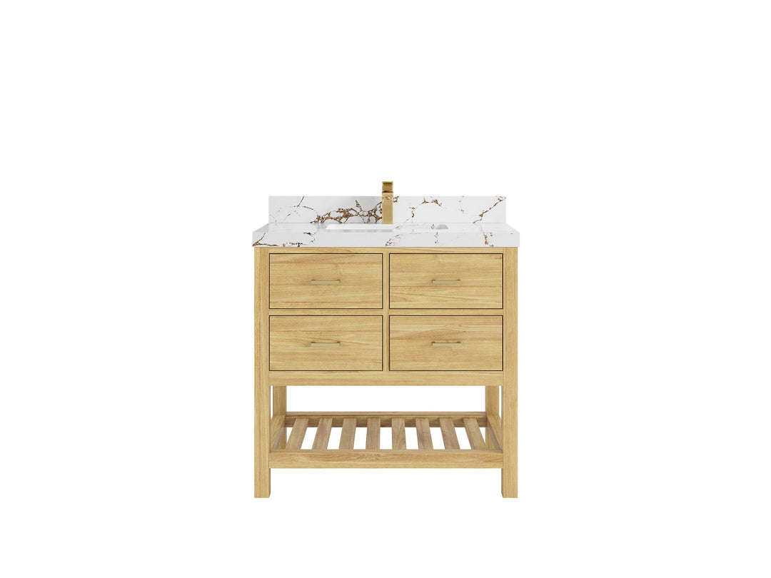 Parker Teak  36 in. W x 22 in. D Center Sink Bathroom Vanity in Light Natural  with 2 in Viola Brown Quartz Countertop