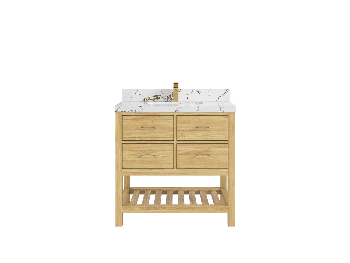 Parker Teak  36 in. W x 22 in. D Center Sink Bathroom Vanity in Light Natural  with 2 in Viola Brown Quartz Countertop