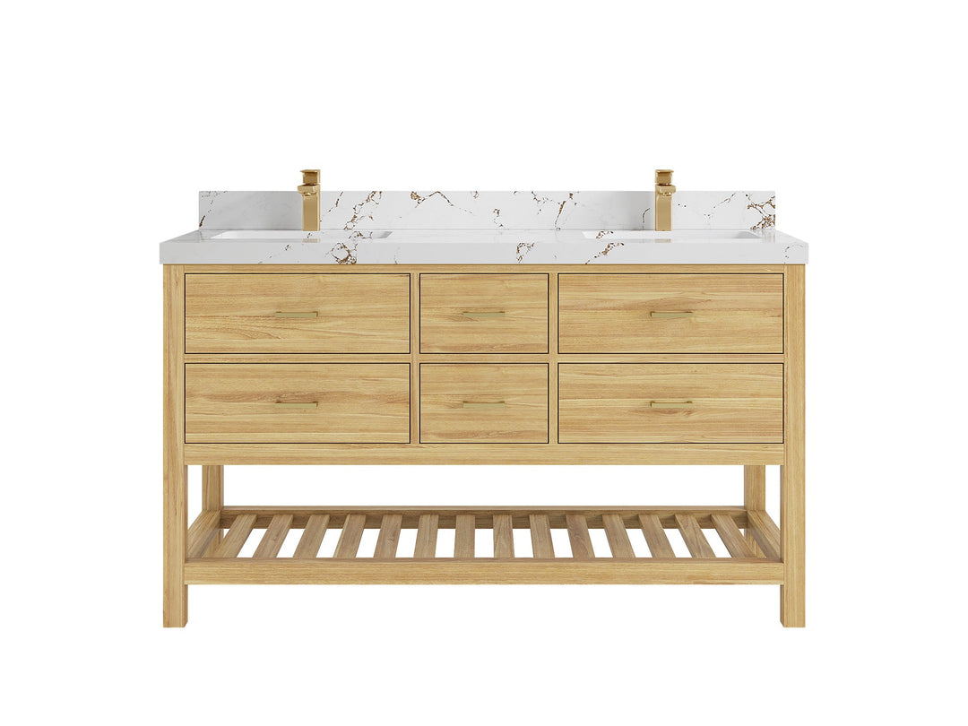 Parker Teak 60 in. W x 22 in. D double Sink Bathroom Vanity in Light Natural with 2 in Viola Brown Quartz 