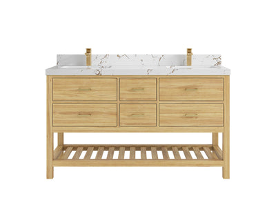 Parker Teak 60 in. W x 22 in. D double Sink Bathroom Vanity in Light Natural with 2 in Viola Brown Quartz