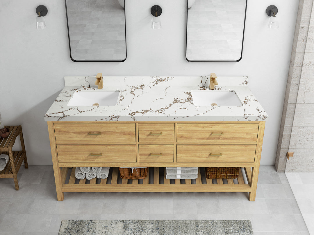 Parker Teak 72 in. W x 22 in. D double Sink Bathroom Vanity in Light Natural with 2 in Viola Brown Quartz Countertop – Top View