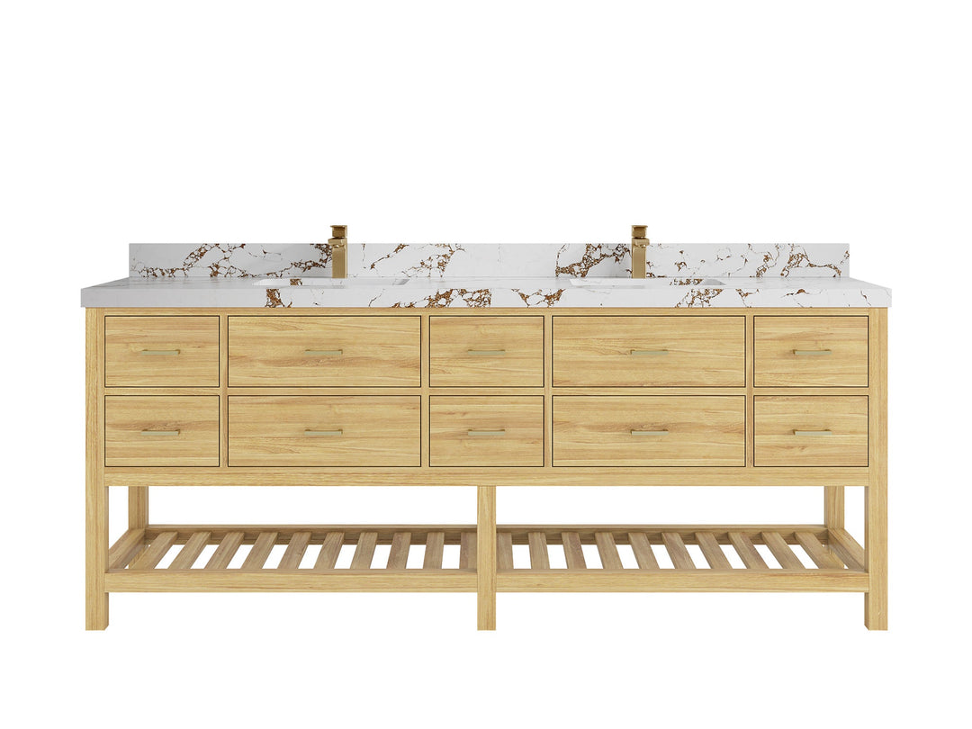 Parker Teak 84 in. W x 22 in. D double Sink Bathroom Vanity in Light Natural with 2 in Viola Brown Quartz Countertop