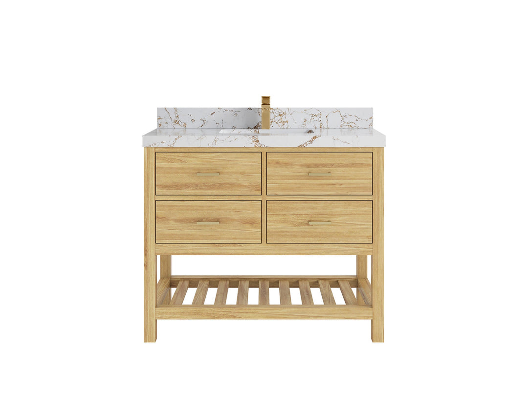 Parker Teak  42 in. W x 22 in. D Single Sink Bathroom Vanity in Light Natural with 2 in Viola Gold Quartz Countertop