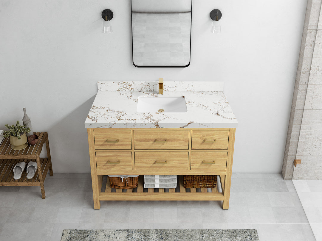 Parker Teak  48 in. W x 22 in. D Single Sink Bathroom Vanity in Light Natural with 2 in Viola Gold Quartz Countertop – Top View