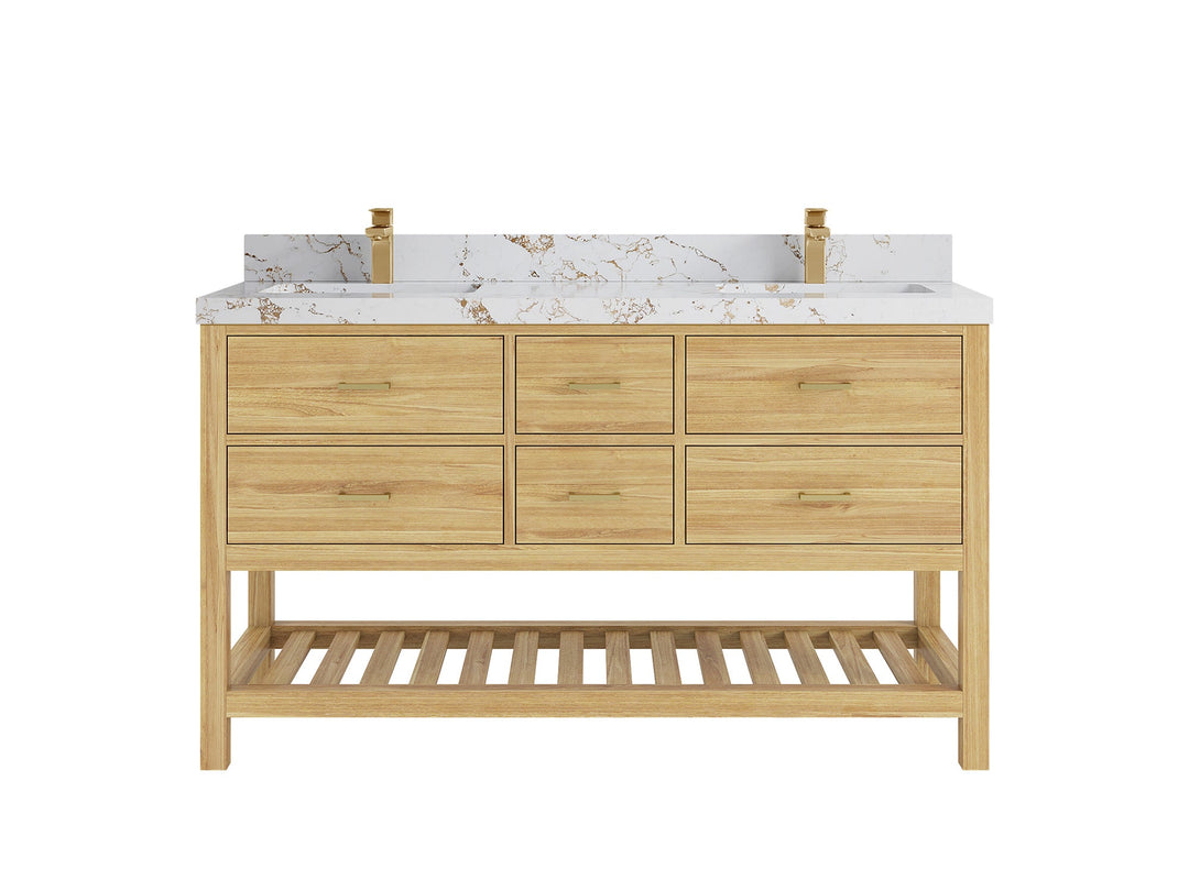 Parker Teak 60 in. W x 22 in. D double Sink Bathroom Vanity in Light Natural with 2 in Viola Gold Quartz 