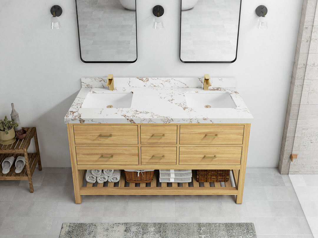 Parker Teak 60 in. W x 22 in. D double Sink Bathroom Vanity in Light Natural with 2 in Viola Gold Quartz Countertop