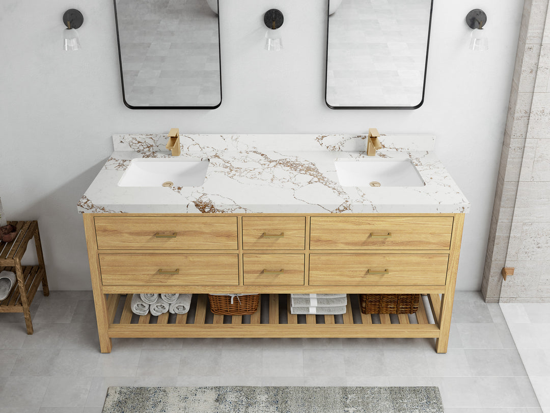 Parker Teak 72 in. W x 22 in. D double Sink Bathroom Vanity in Light Natural with 2 in Viola Gold Quartz Countertop – Top View