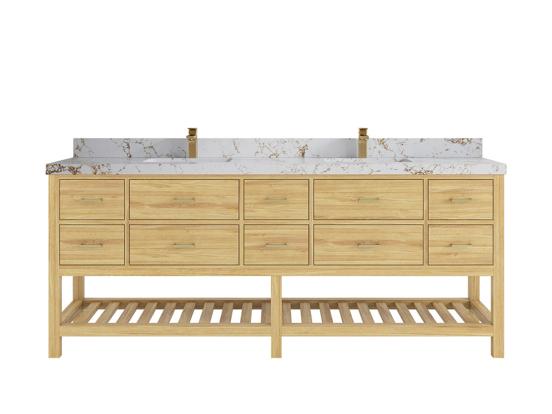 Parker Teak 84 in. W x 22 in. D double Sink Bathroom Vanity in Light Natural with 2 in Viola Gold Quartz Countertop