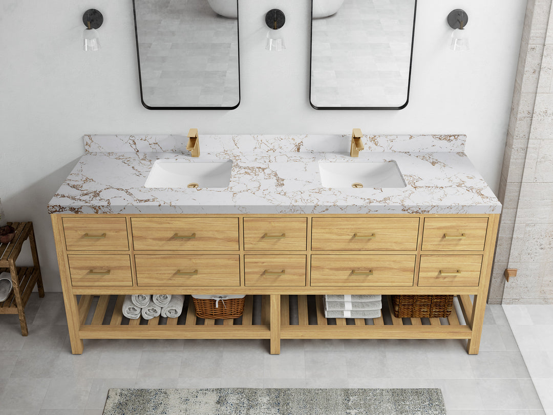 Parker Teak 84 in. W x 22 in. D double Sink Bathroom Vanity in Light Natural with 2 in Viola Gold Quartz Countertop – Top View