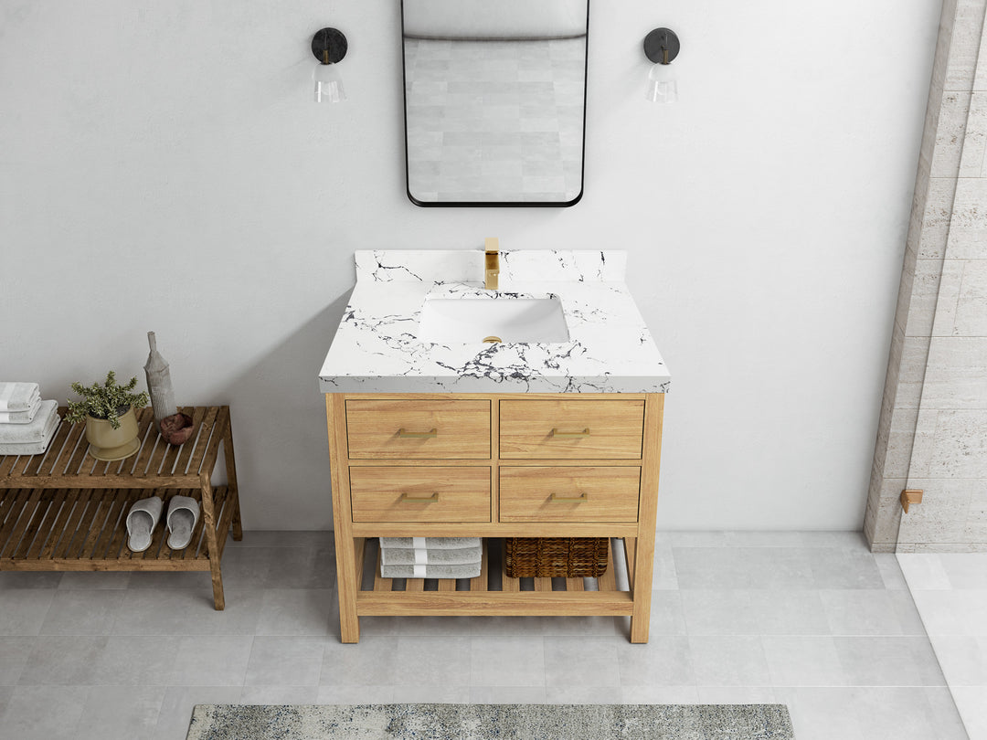 Parker Teak  36 in. W x 22 in. D Center Sink Bathroom Vanity in Light Natural  with 2 in Viola Night Quartz Countertop – Top View