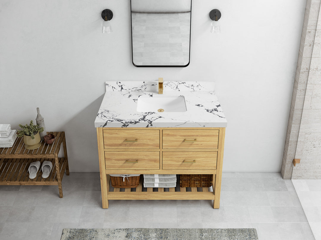 Parker Teak  42 in. W x 22 in. D Single Sink Bathroom Vanity in Light Natural with 2 in Viola Night Quartz Countertop – Top View