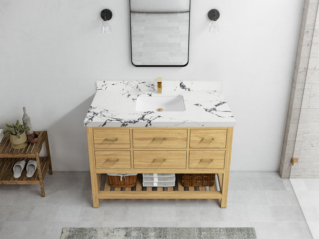 Parker Teak  48 in. W x 22 in. D Single Sink Bathroom Vanity in Light Natural with 2 in Viola Night Quartz Countertop – Top View