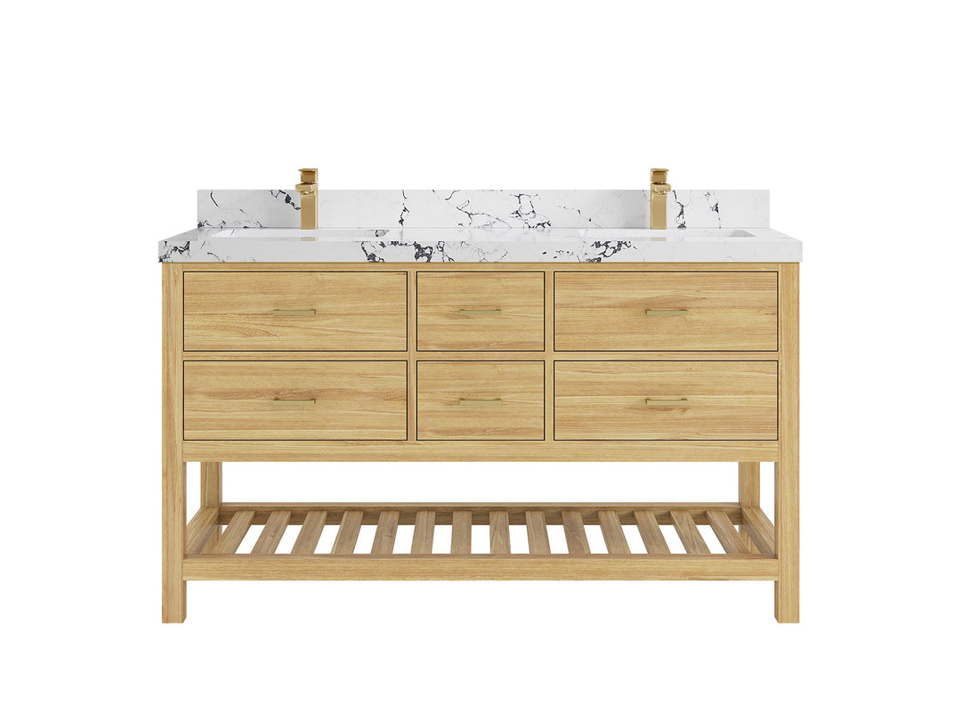 Parker Teak 60 in. W x 22 in. D double Sink Bathroom Vanity in Light Natural with 2 in Viola Night Quartz 