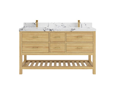 Parker Teak 60 in. W x 22 in. D double Sink Bathroom Vanity in Light Natural with 2 in Viola Night Quartz