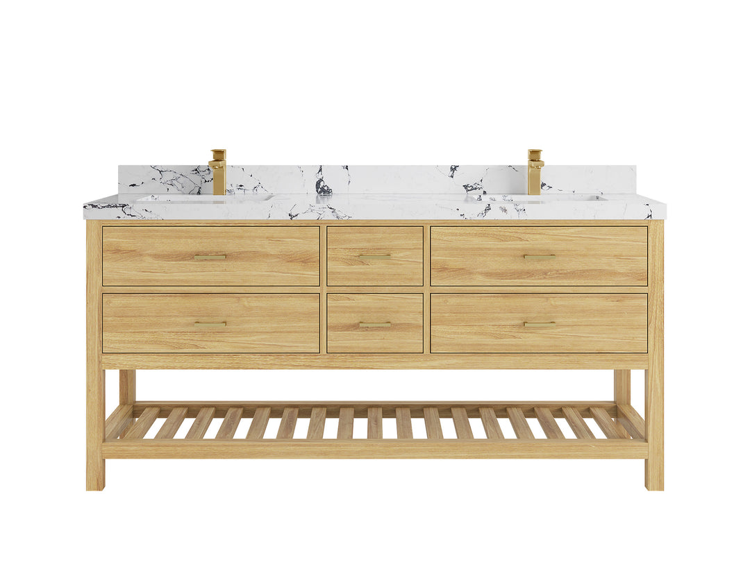 Parker Teak 72 in. W x 22 in. D double Sink Bathroom Vanity in Light Natural with 2 in Viola Night Quartz Countertop