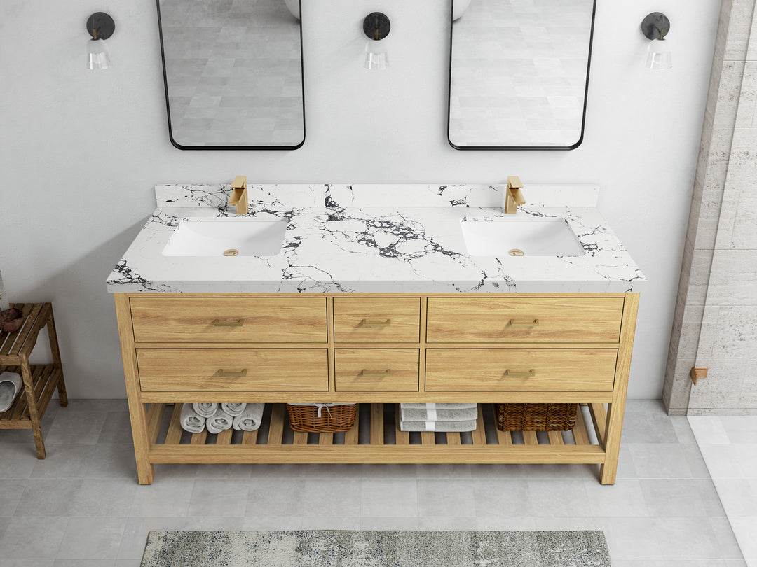 Parker Teak 72 in. W x 22 in. D double Sink Bathroom Vanity in Light Natural with 2 in Viola Night Quartz Countertop – Top View