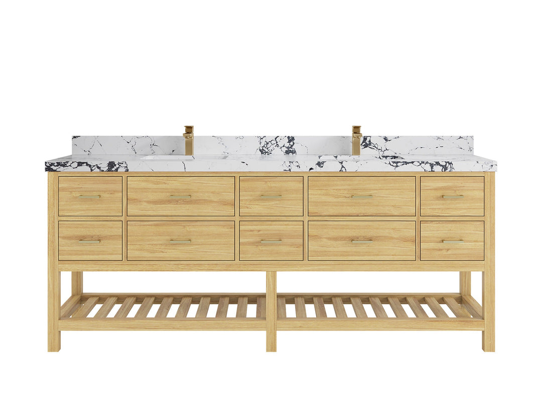 Parker Teak 84 in. W x 22 in. D double Sink Bathroom Vanity in Light Natural with 2 in Viola Night Quartz Countertop