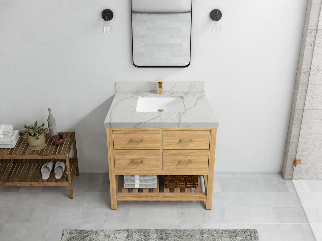Parker Teak  36 in. W x 22 in. D Center Sink Bathroom Vanity in Light Natural  with 2 in Venatino Quartz Countertop – Top View