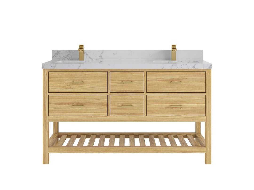 Parker Teak 60 in. W x 22 in. D double Sink Bathroom Vanity in Light Natural with 2 in Venatino Quartz 