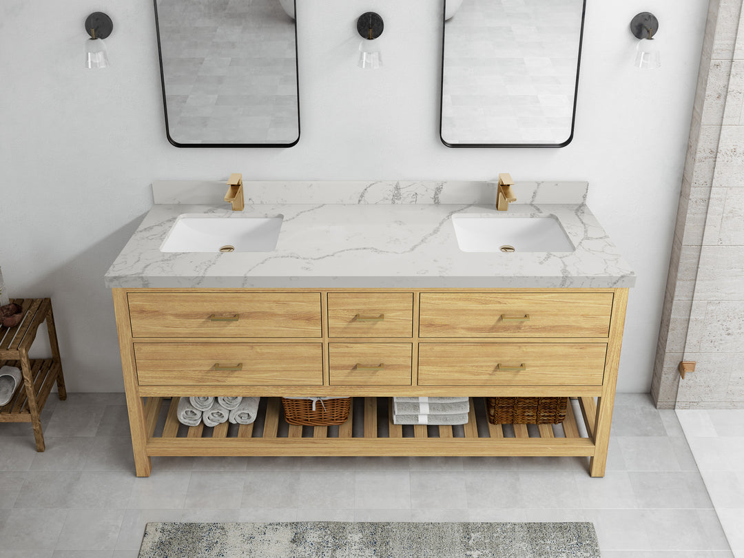 Parker Teak 72 in. W x 22 in. D double Sink Bathroom Vanity in Light Natural with 2 in Venatino Quartz Countertop – Top View