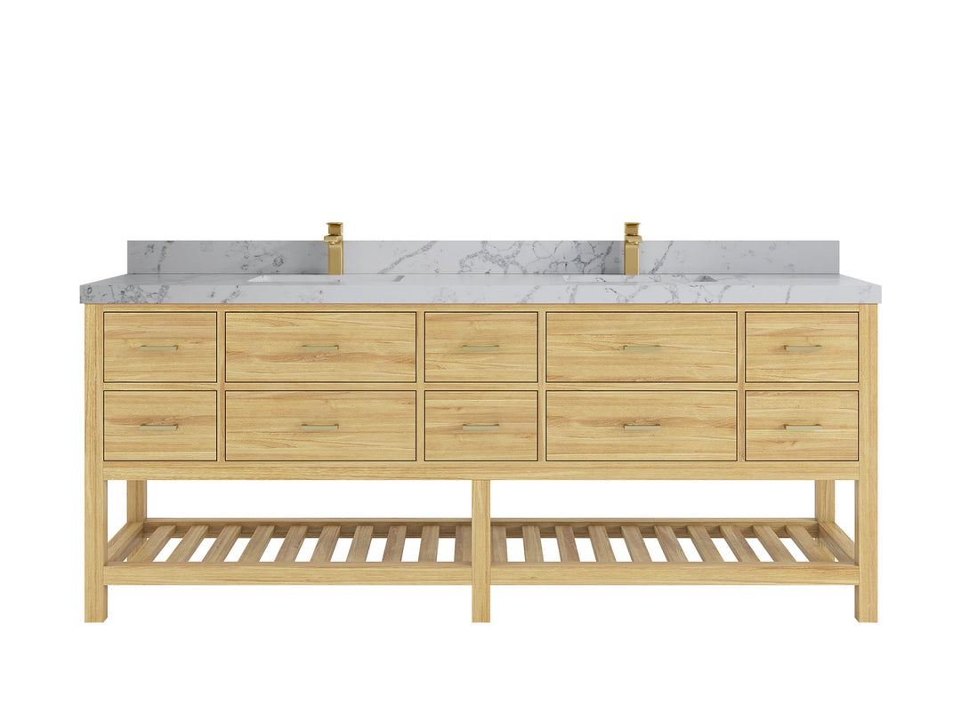 Parker Teak 84 in. W x 22 in. D double Sink Bathroom Vanity in Light Natural with 2 in Venatino Quartz Countertop