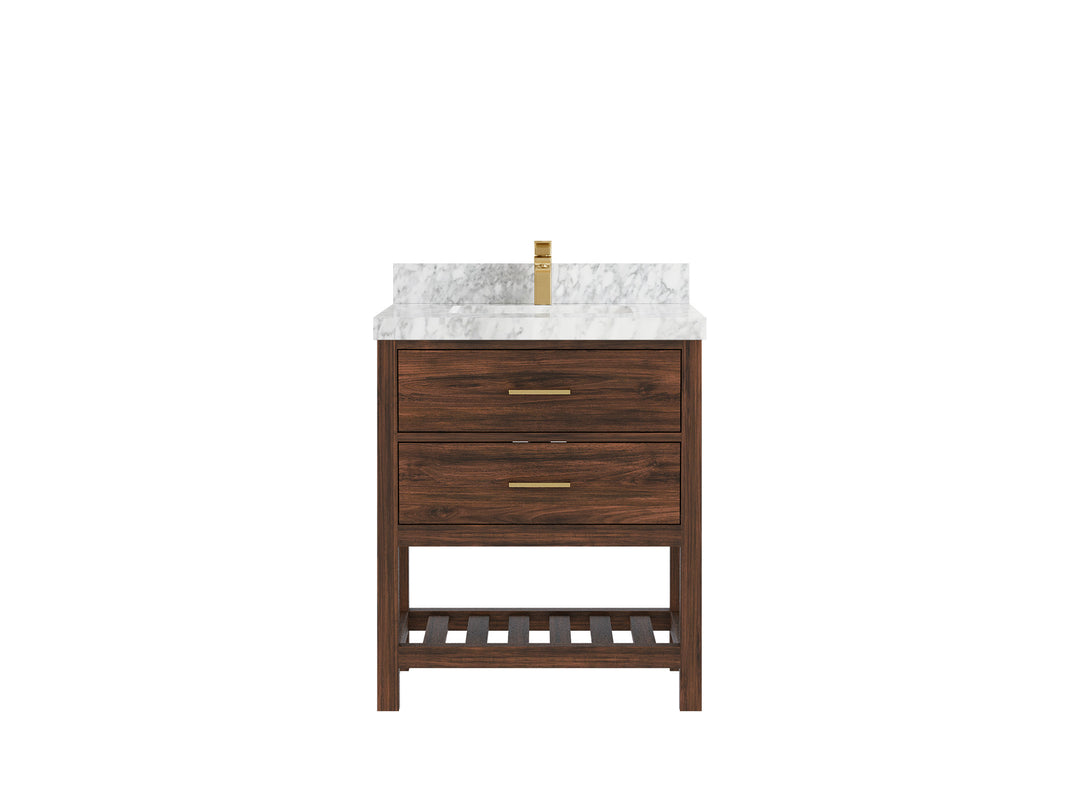 Parker Teak  30 in. W x 22 in. D Single Sink Bathroom Vanity in Dark Walnut with 2 in Carrara Marble Countertop